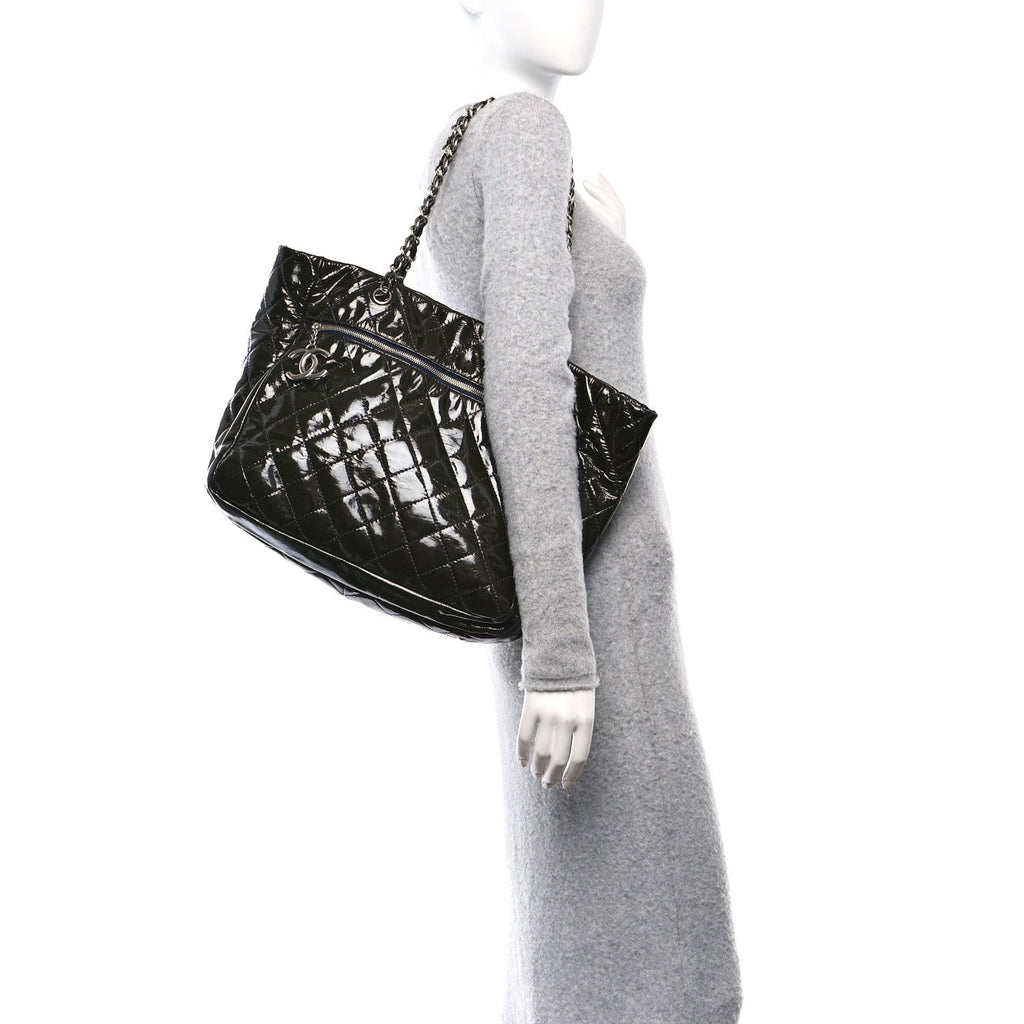 Patent Quilted Chic and Glitter Large Tote Navy Blue