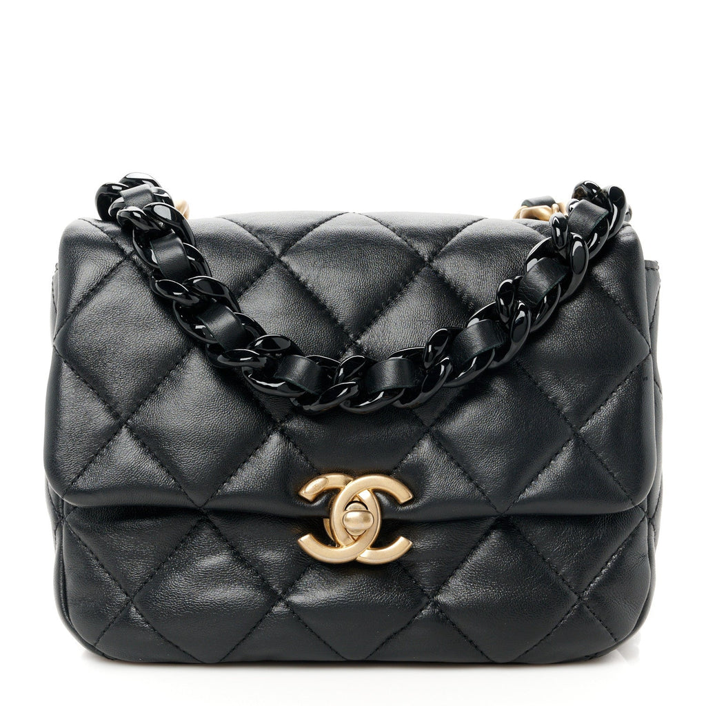 Lambskin Quilted Mini Lacquered Chain Flap Black
