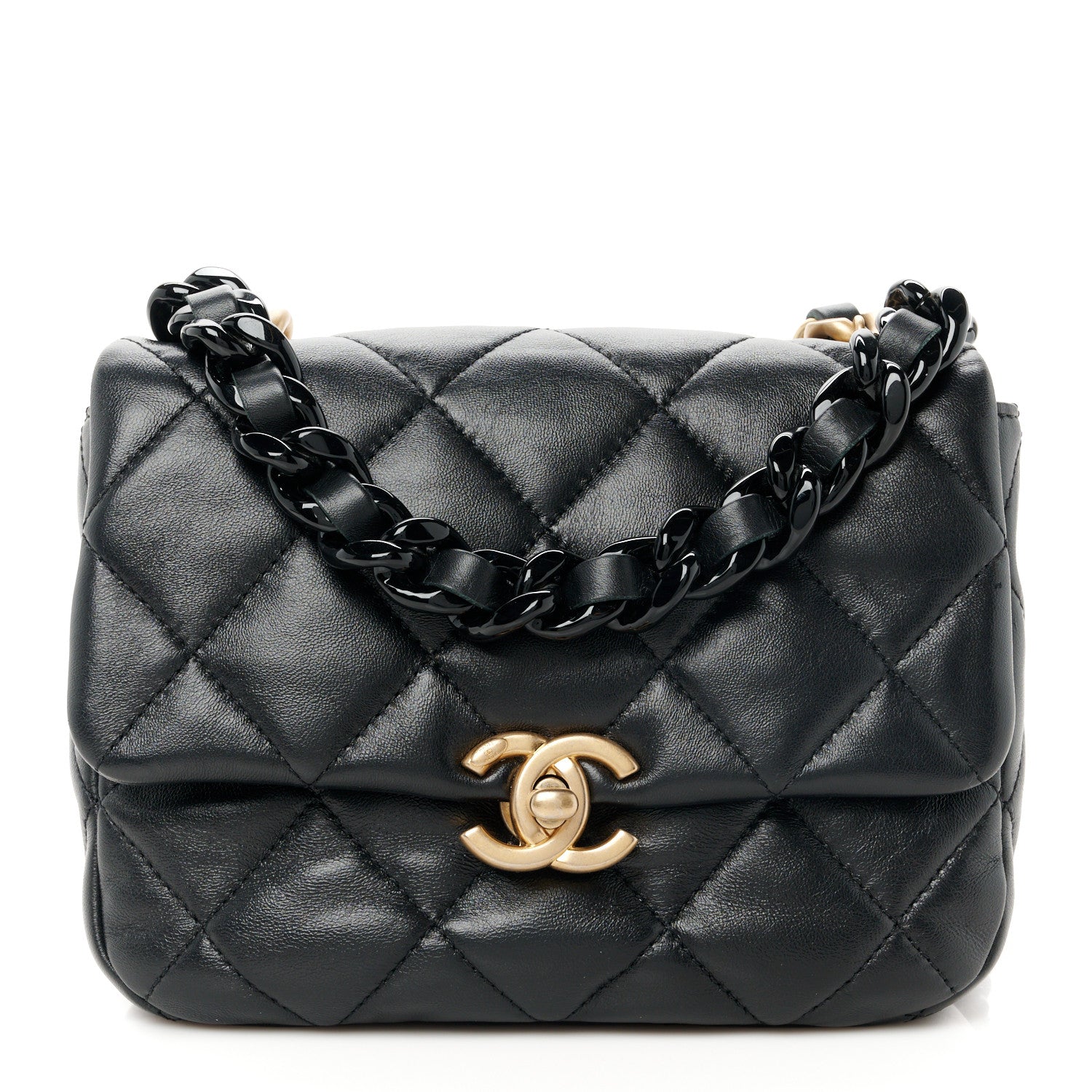 Lambskin Quilted Mini Lacquered Chain Flap Black