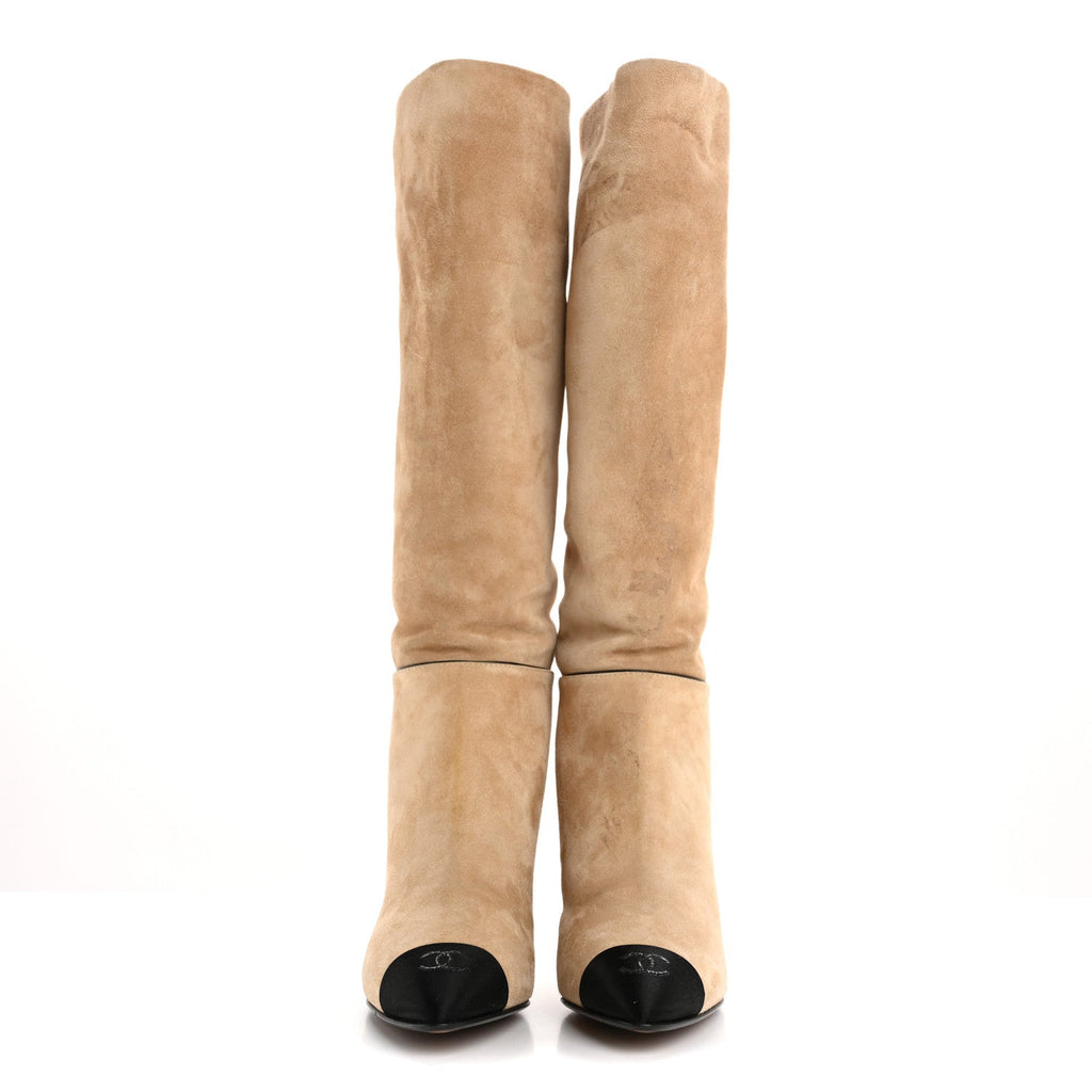 Suede Grosgrain Cap Toe CC Knee High Boots 37 Beige Black