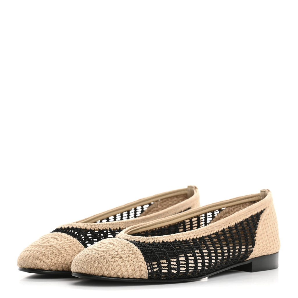 Raffia Cap Toe Ballerina Flats 38.5 Black Beige