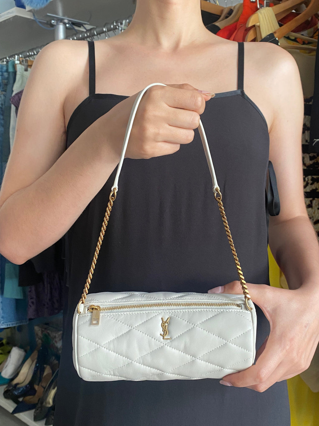 Saint Laurent Ivory Quilted Lambskin Mini Sade Tube Bag