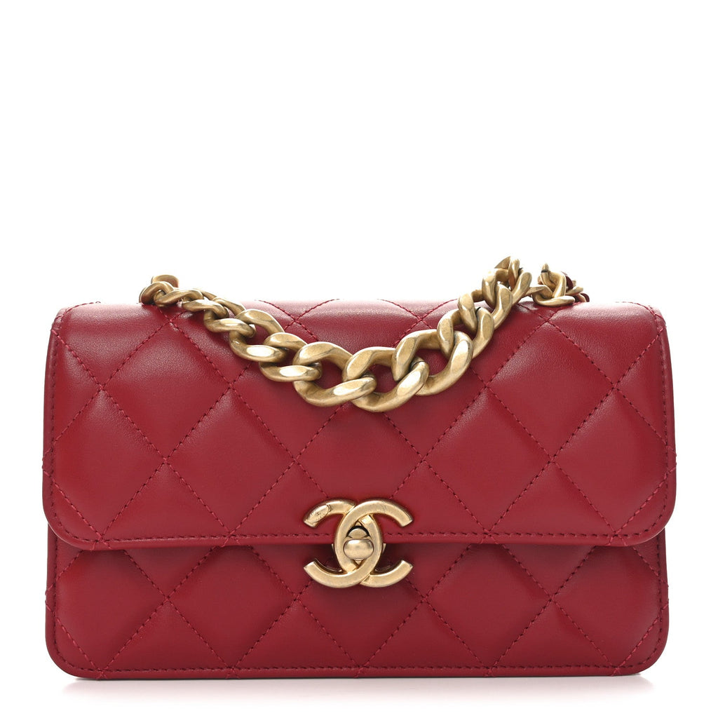Lambskin Quilted Chunky Chain Handle Mini Flap Red
