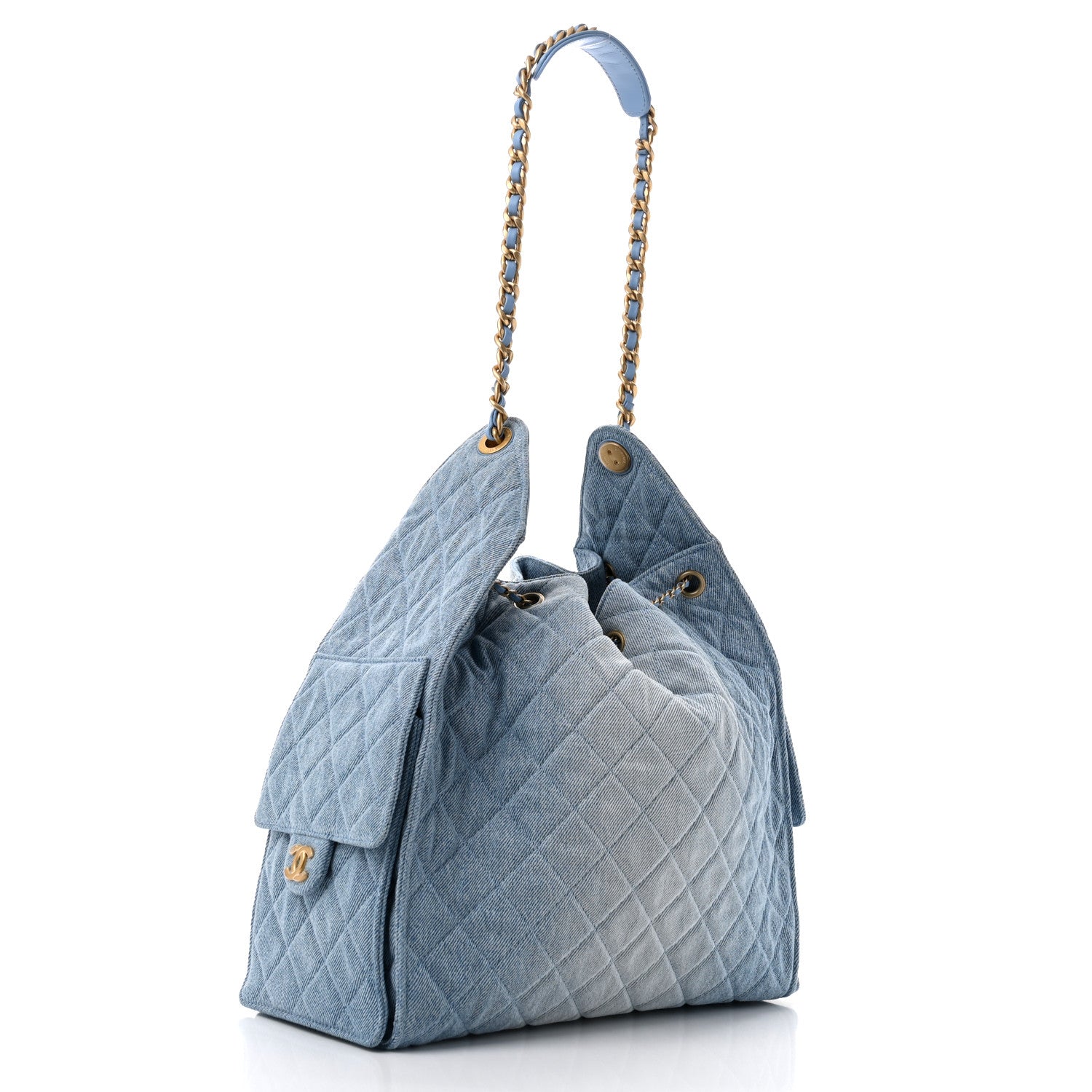Washed Denim Quilted Medium Chanel 25 Handbag Blue