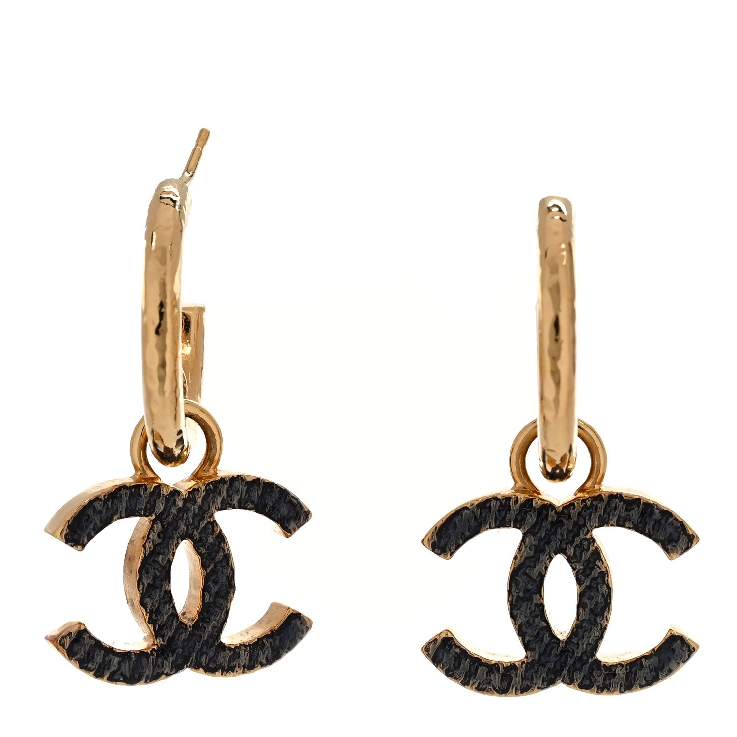 Metal Enamel CC Denim Drop Earrings Gold Blue