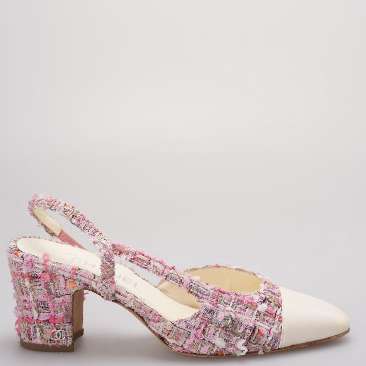 Chanel Pink and White Tweed Slingback Sandals 37.5