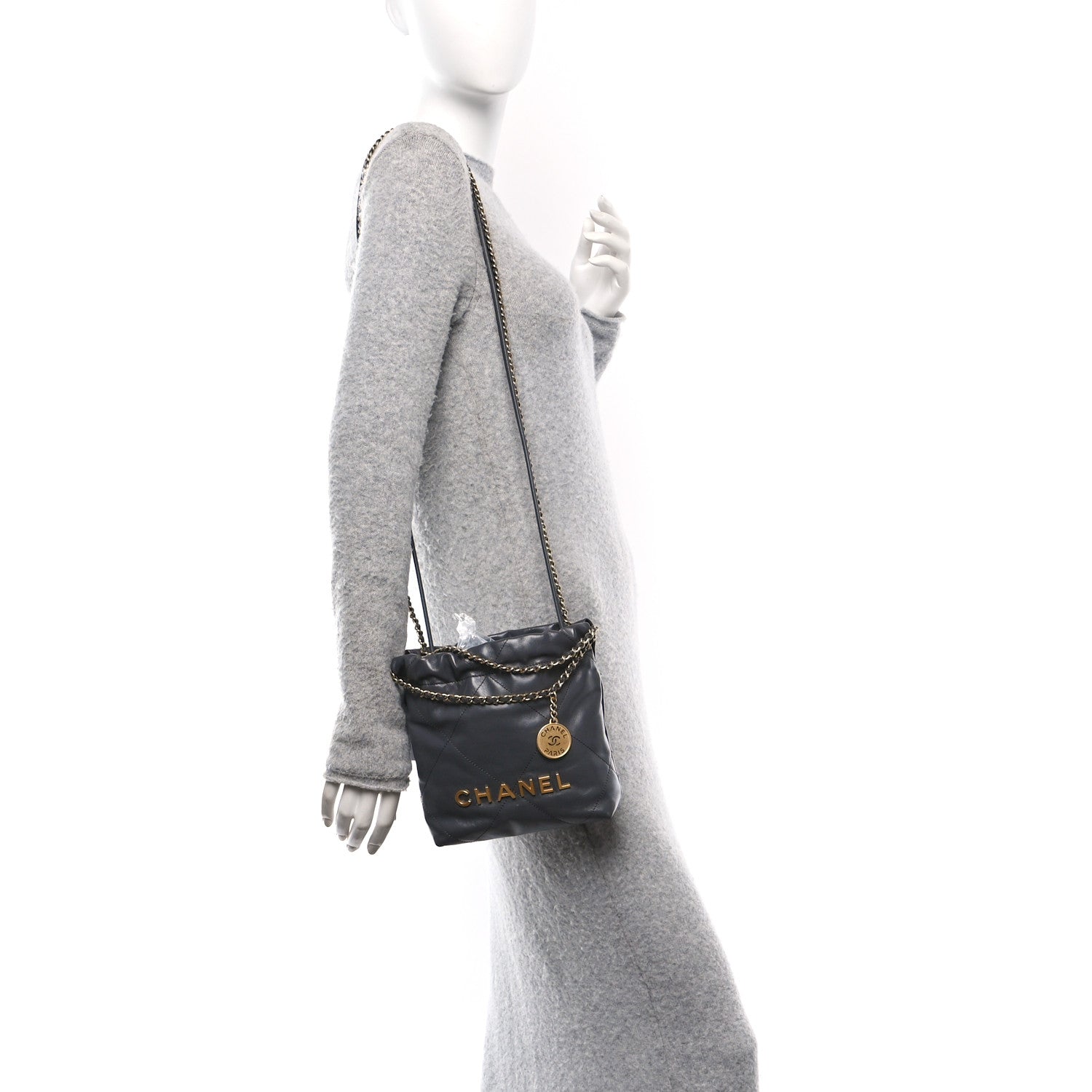 Shiny Calfskin Quilted Mini Chanel 22 Dark Grey