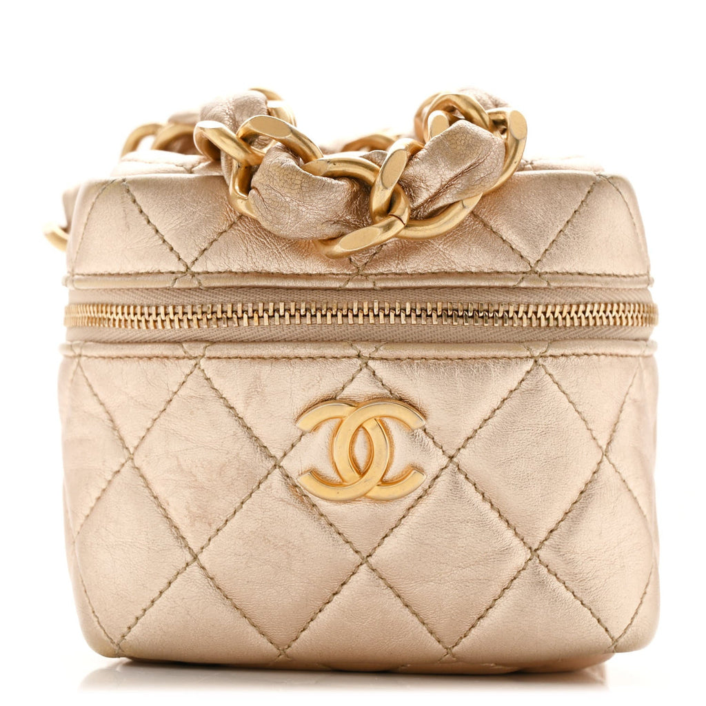 Metallic Lambskin Quilted Cube Chain Wristlet Case Gold