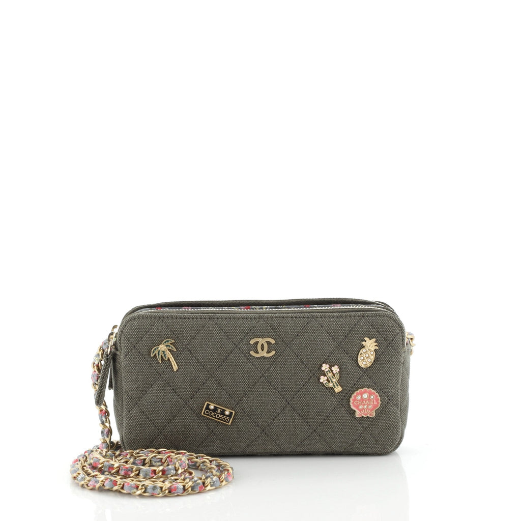 Cuba Charms Double Zip Clutch with Chain Quilted Canvas