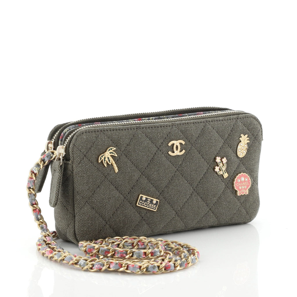 Cuba Charms Double Zip Clutch with Chain Quilted Canvas