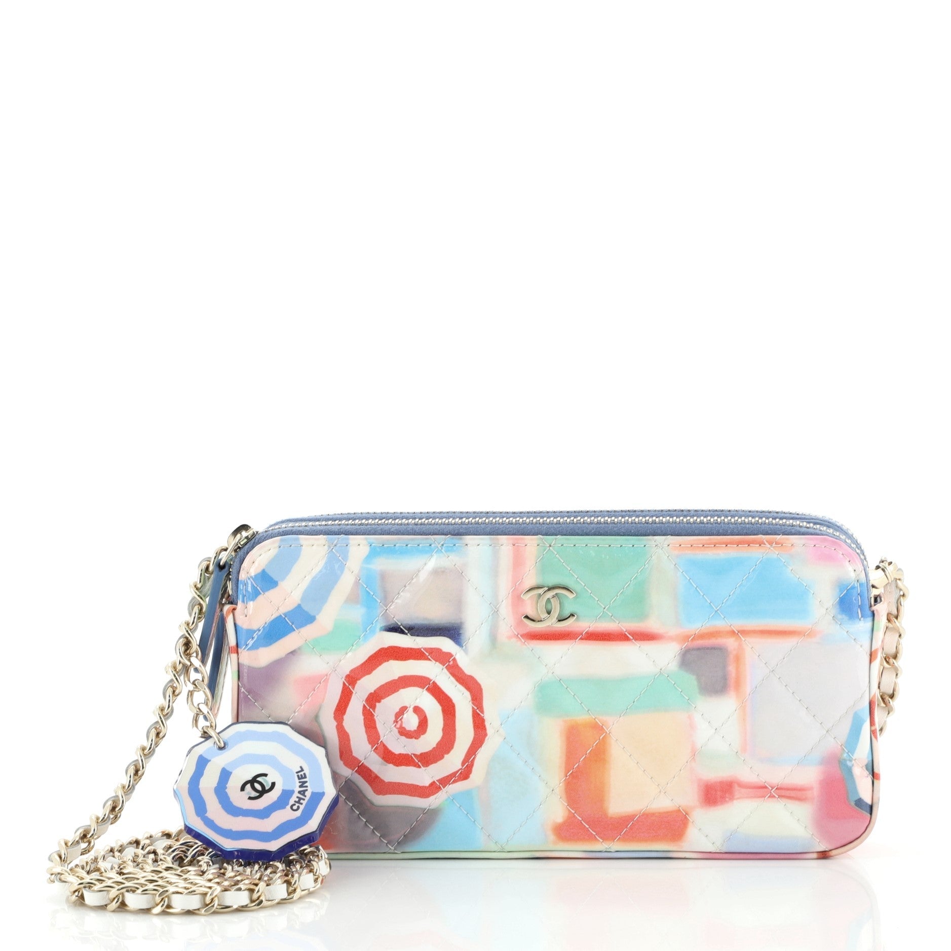 Double Zip Clutch with Chain Quilted Printed Patent