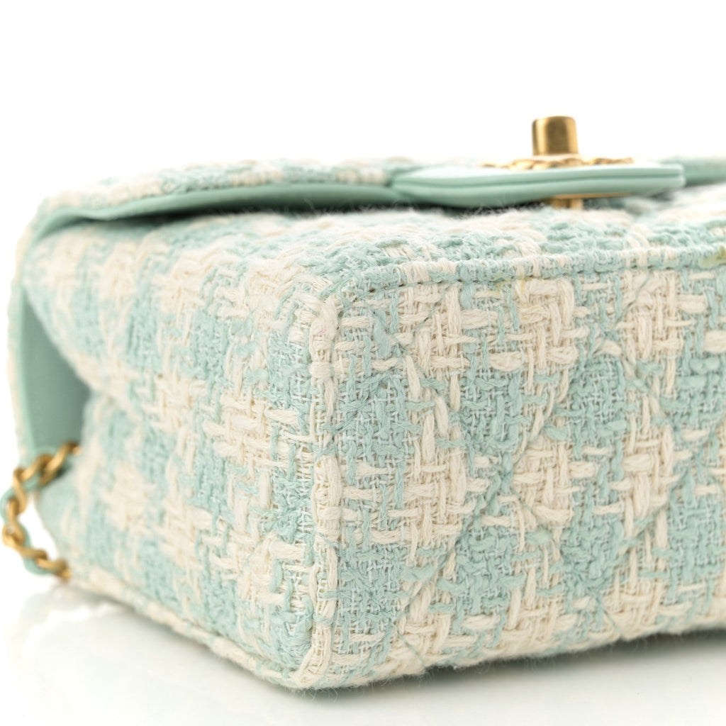Tweed Handle Crush Top Handle Flap Bag Light Blue Ecru
