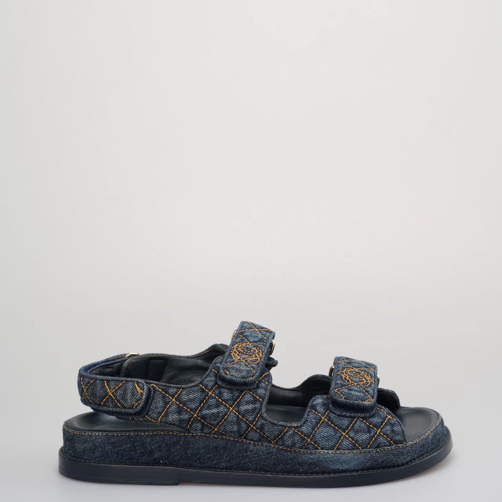 Chanel Denim Velcro Dad Sandals Navy Blue Size 38