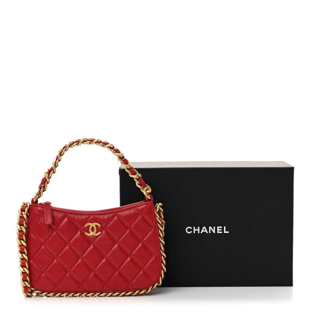 Shiny Crumpled Lambskin Quilted Trendy Chain Around Hobo Red