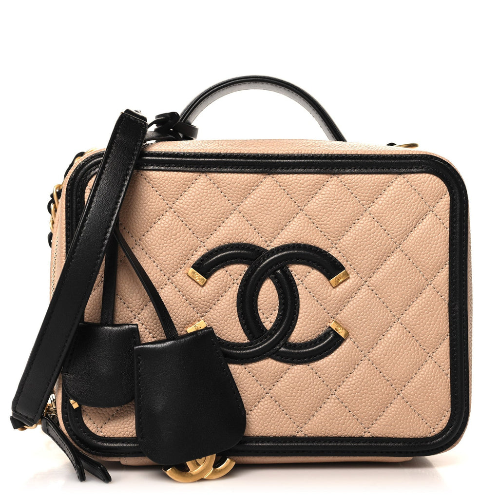 Caviar Quilted Medium CC Filigree Vanity Case Beige Black