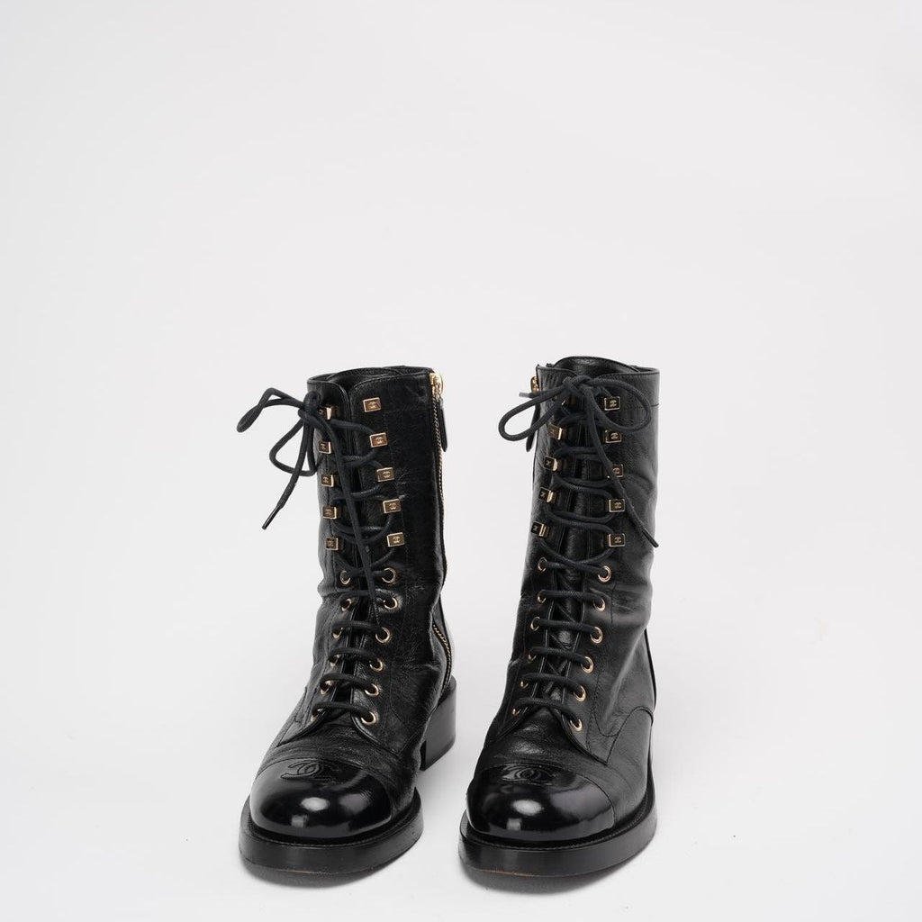 Chanel Black Calfskin Lace Up Combat Boots 39