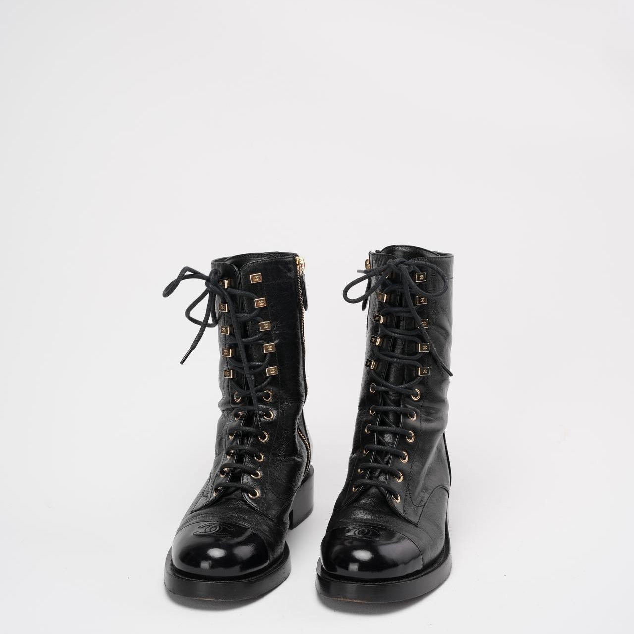 Chanel Black Calfskin Lace Up Combat Boots 39