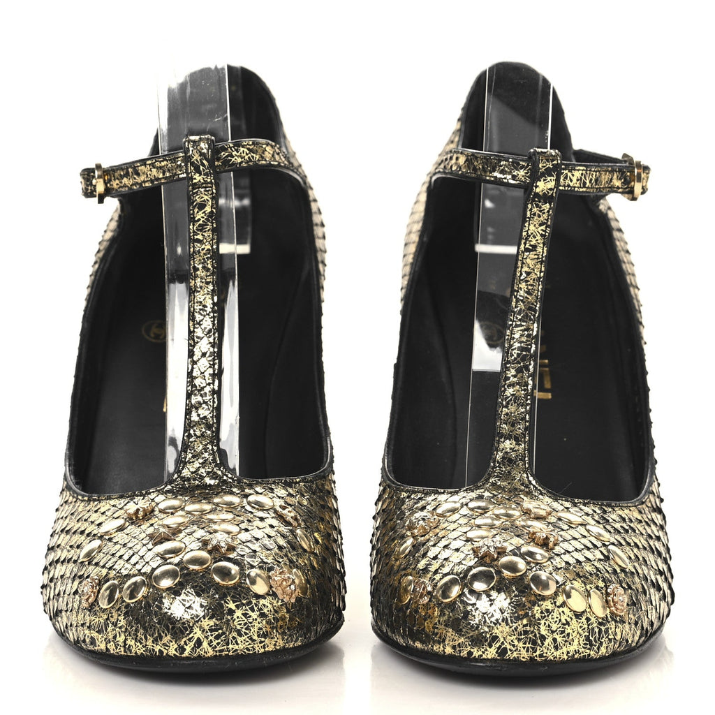 Metallic Snakeskin Studded CC T-Strap Wedges 37 Gold Black