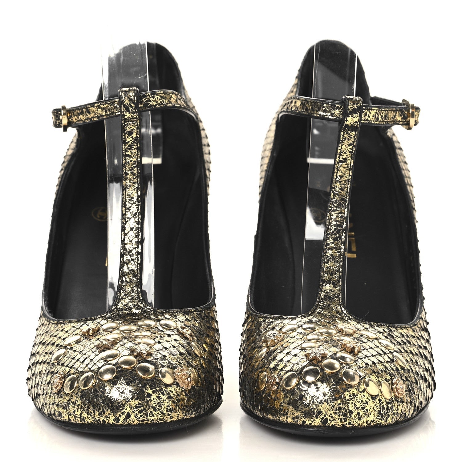 Metallic Snakeskin Studded CC T-Strap Wedges 37 Gold Black