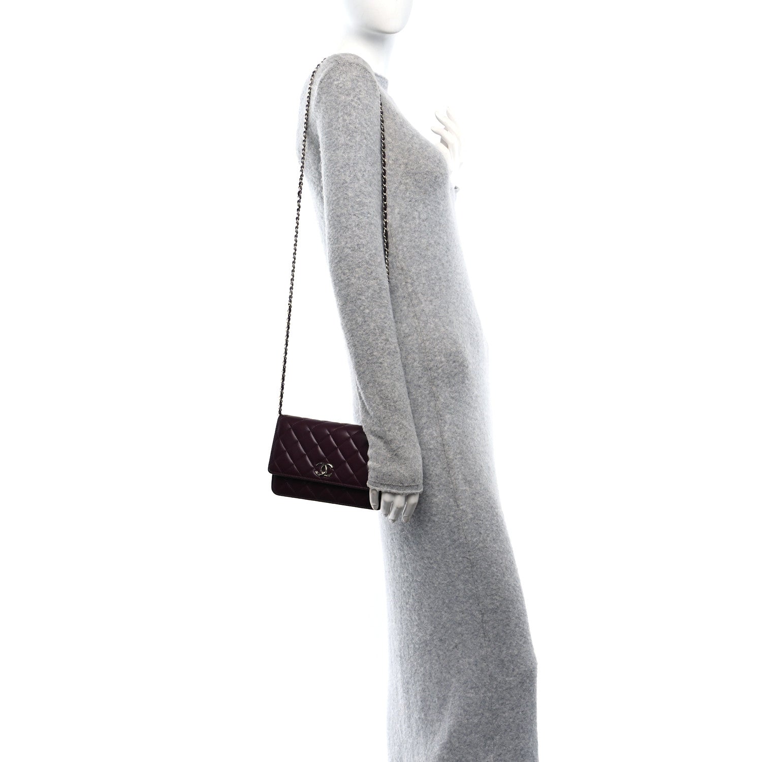 Lambskin Quilted Enamel CC Wallet On Chain WOC Burgundy