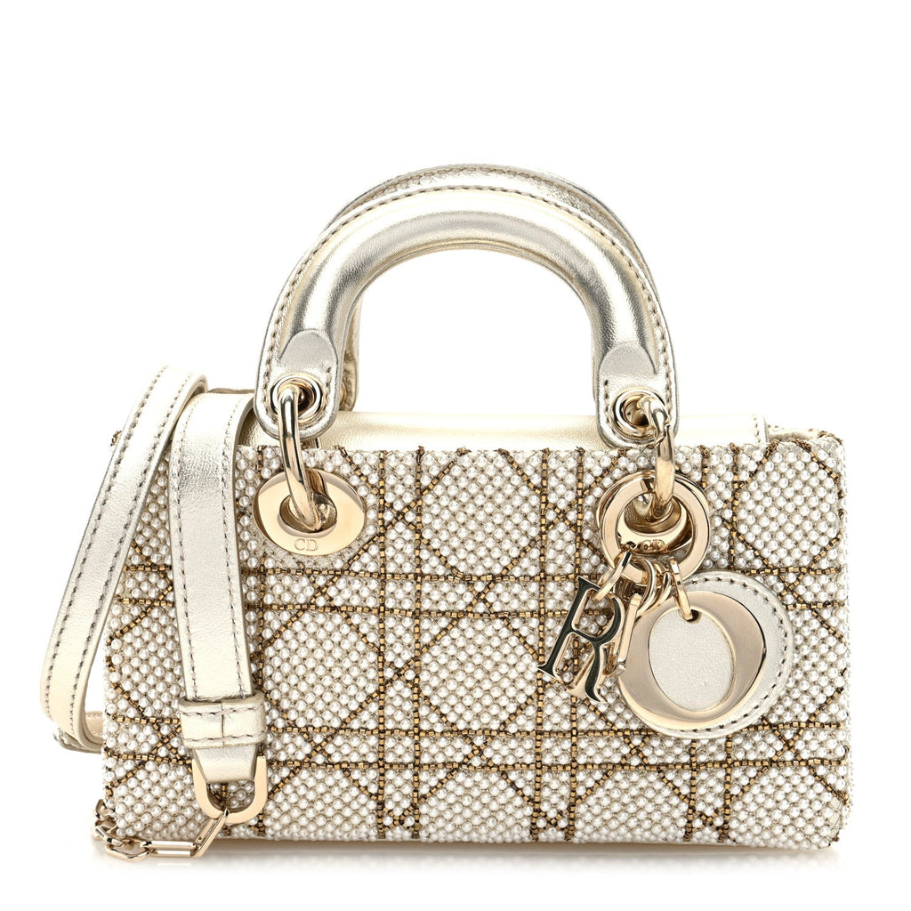 Lambskin Pearl Embroidered Micro Lady D-Joy Gold