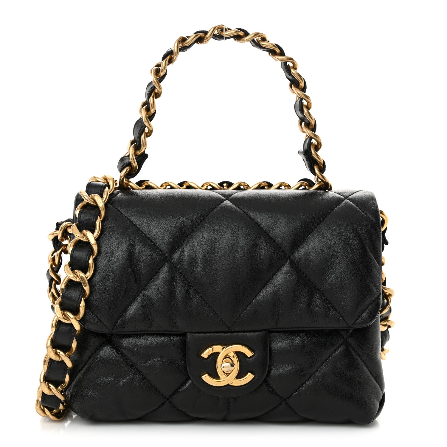 Lambskin Quilted Small Chain Top Handle Flap Black