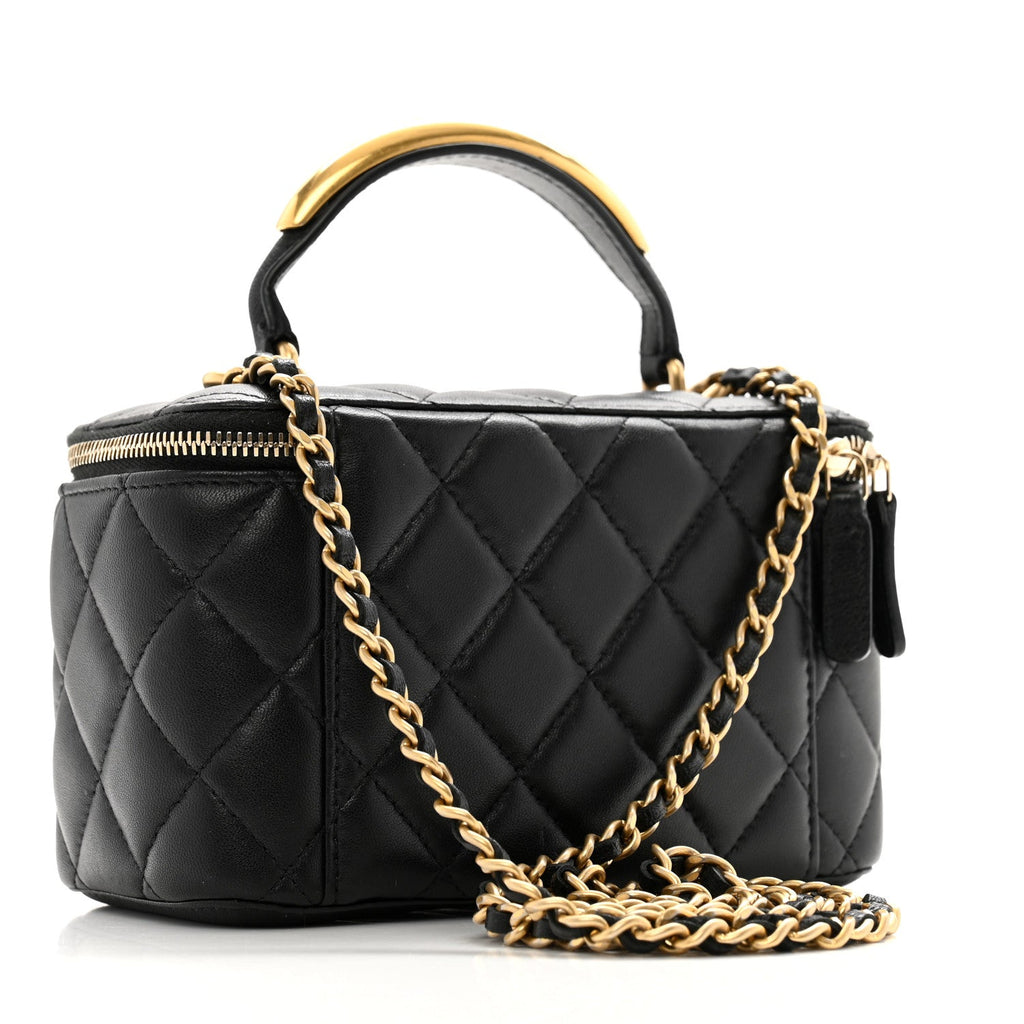 Lambskin Quilted Metal Small Top Handle Vanity Case With Chain Black