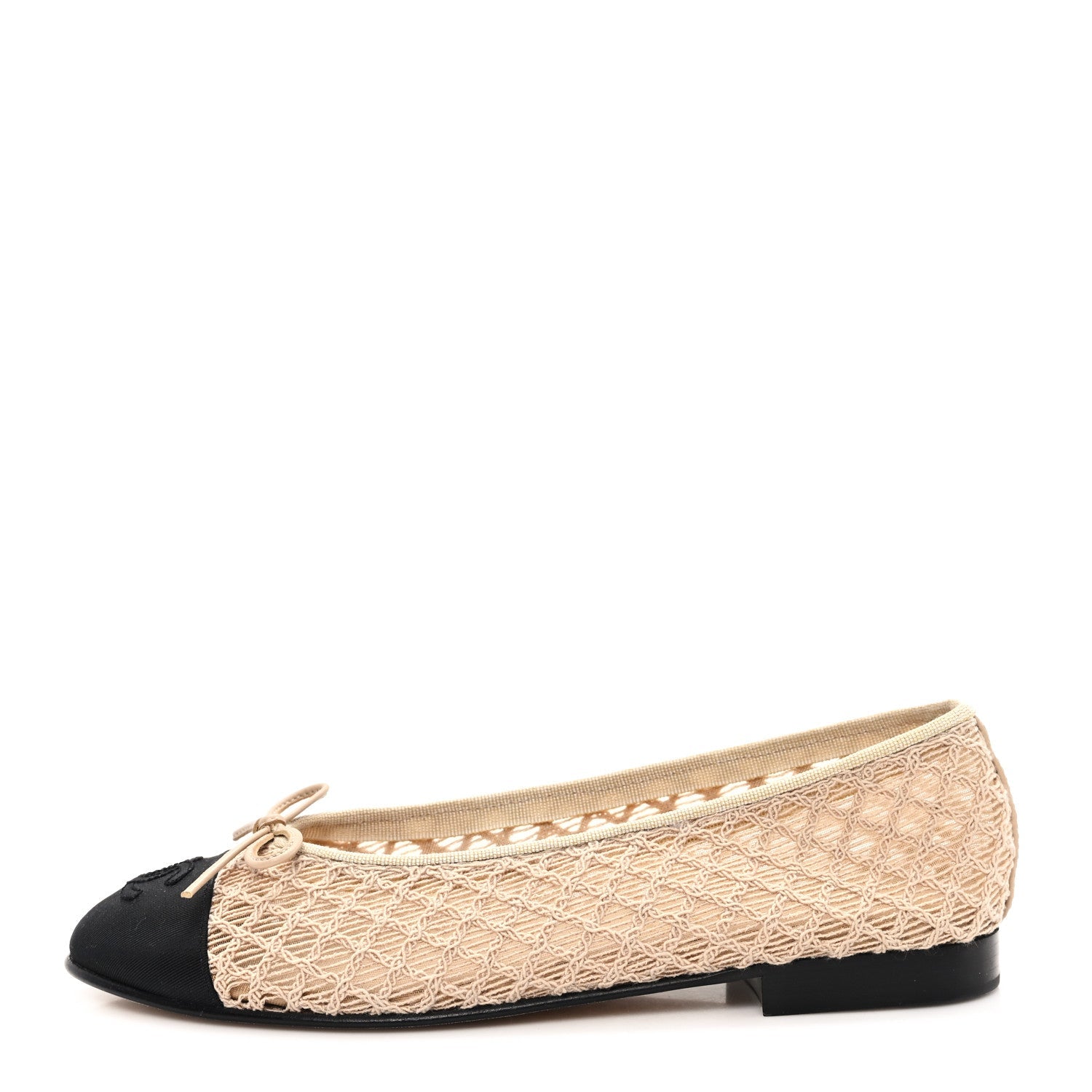 Mesh Crochet Grosgrain Cap Toe Ballerina Flats 38 Beige Black