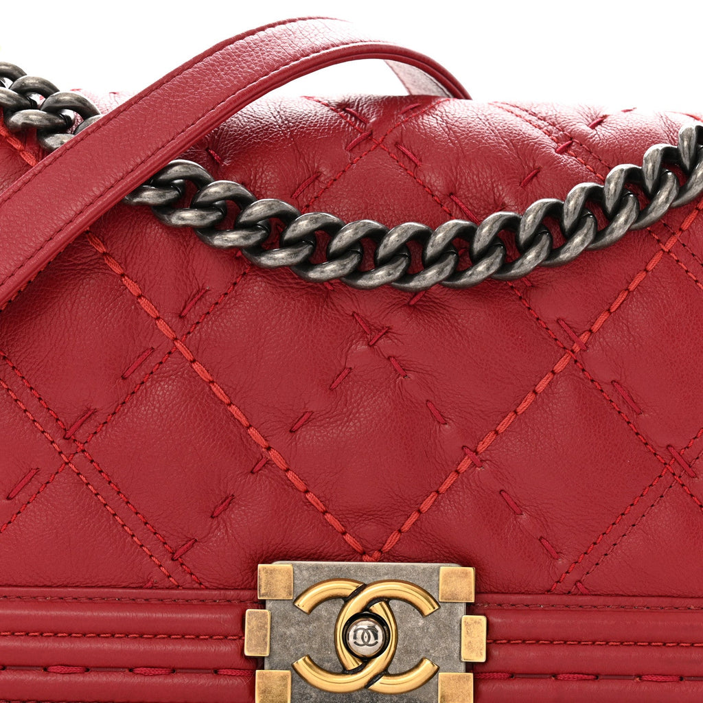 Calfskin Quilted Double Stitch Medium Boy Flap Red