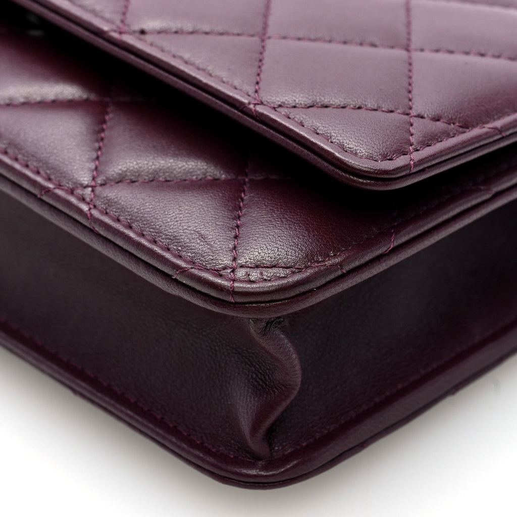 Lambskin Quilted Enamel CC Wallet On Chain WOC Burgundy