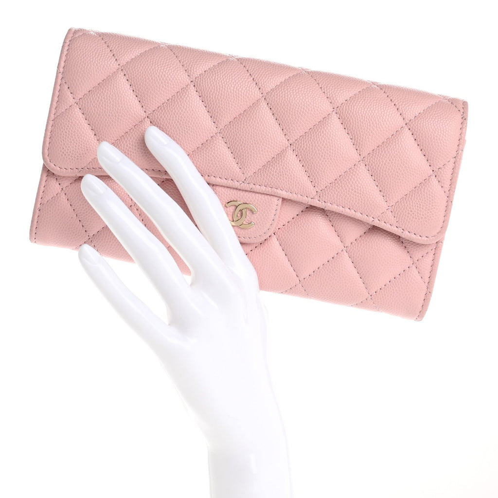 Caviar Quilted Large Gusset Flap Wallet Light Pink