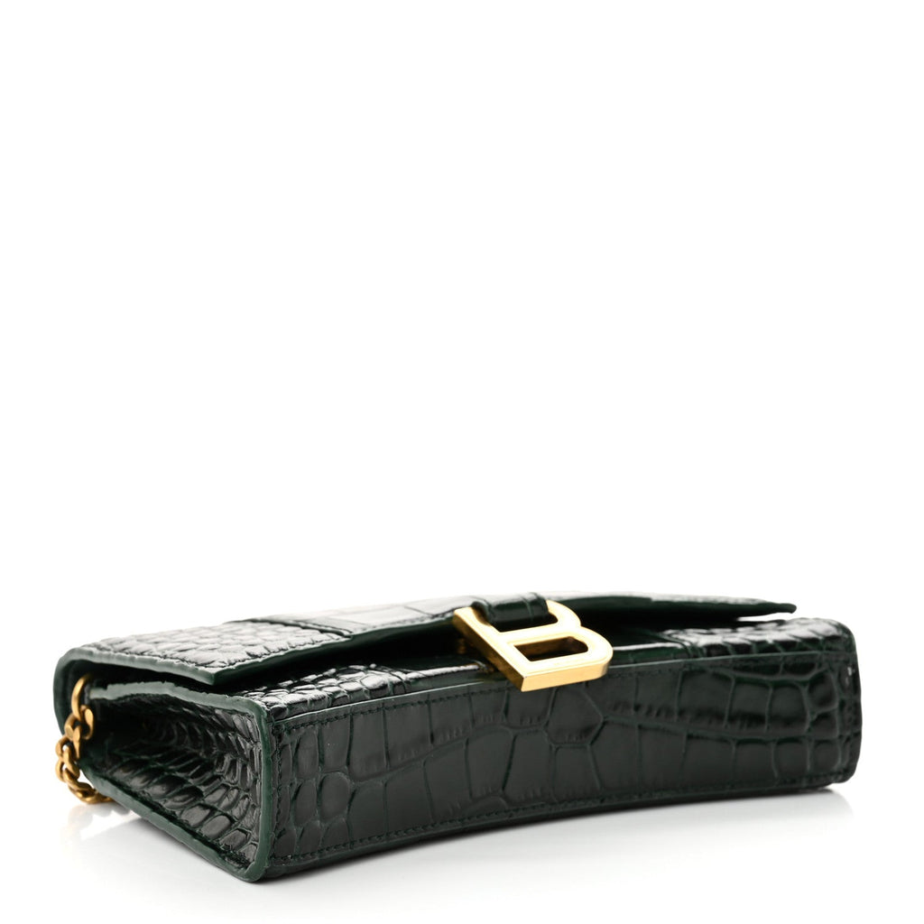 Shiny Calfskin Crocodile Embossed Hourglass Chain Bag Forest Green