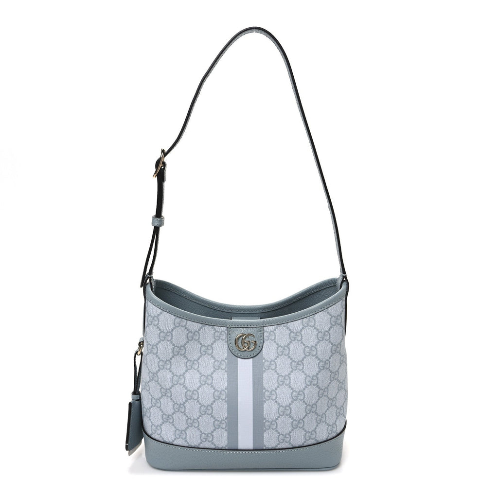 GG Supreme Monogram Textured Dollar Calfskin Web Small Ophidia Bucket Shoulder Bag Dusty Blue