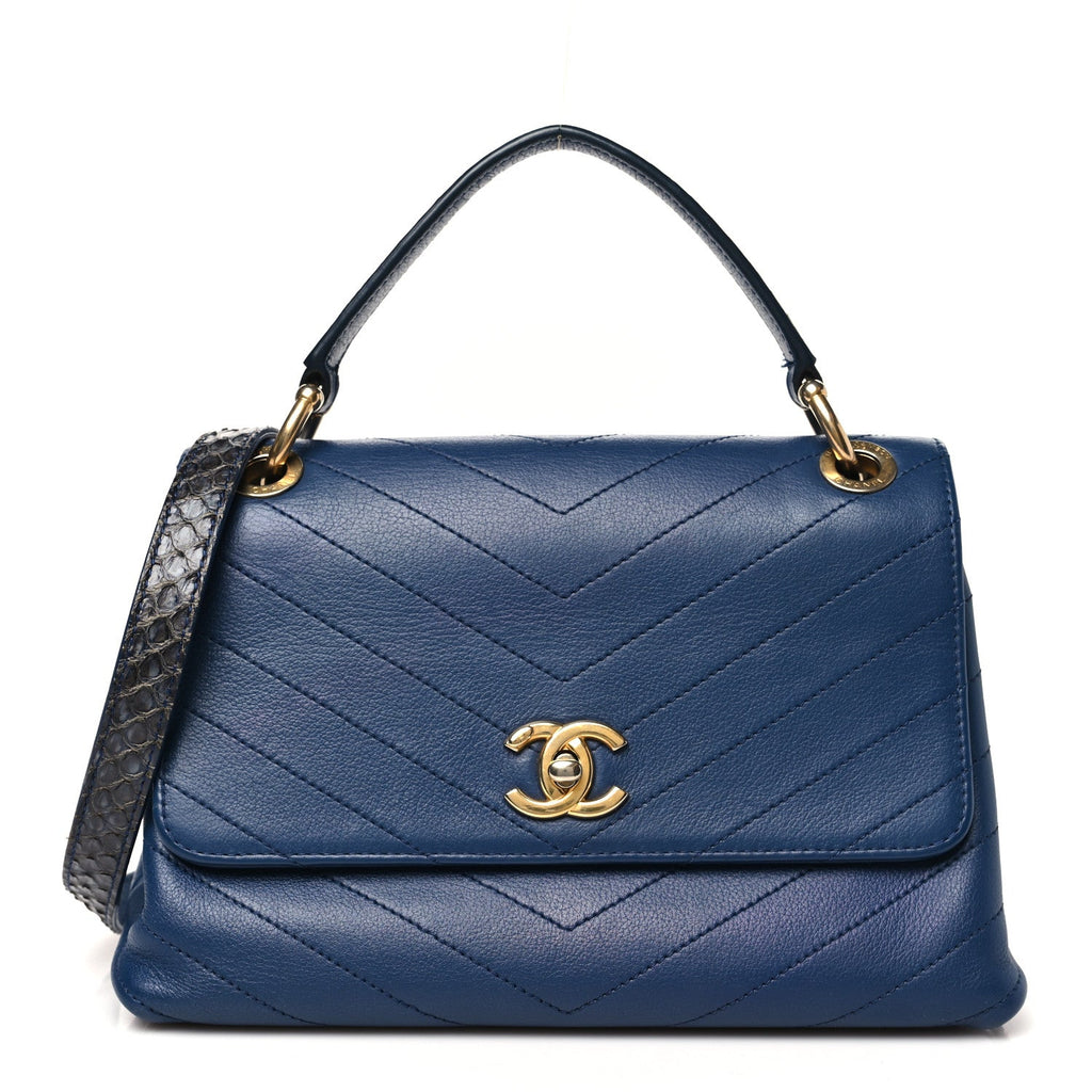 Grained Calfskin Snakeskin Small Chevron Chic Top Handle Flap Blue