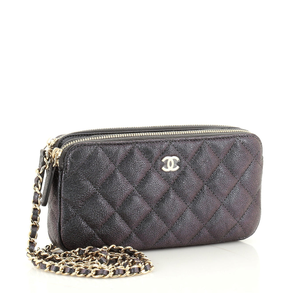 Double Zip Clutch with Chain Quilted Iridescent Caviar