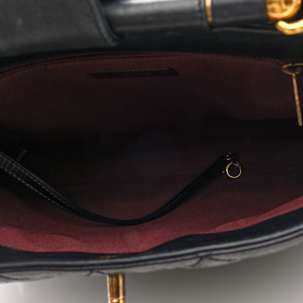 Glazed Calfskin Quilted Gold Bar Tote Black