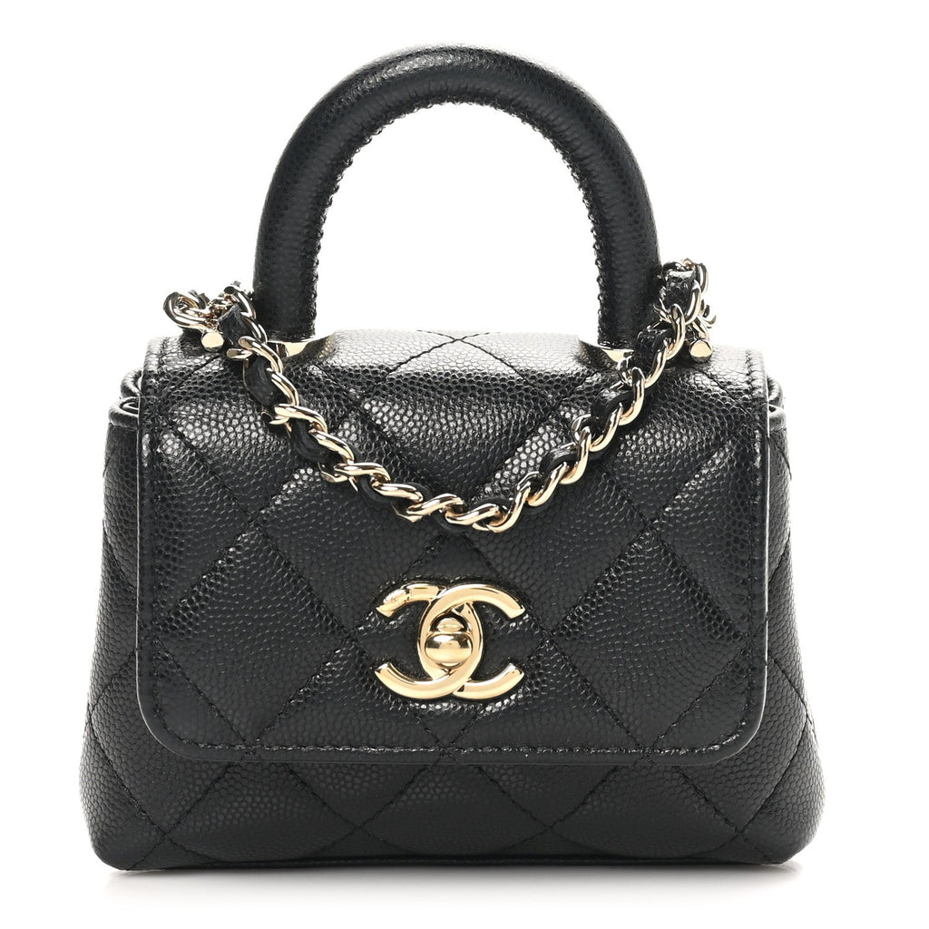 Caviar Quilted Nano Coco Handle Clutch With Chain Black