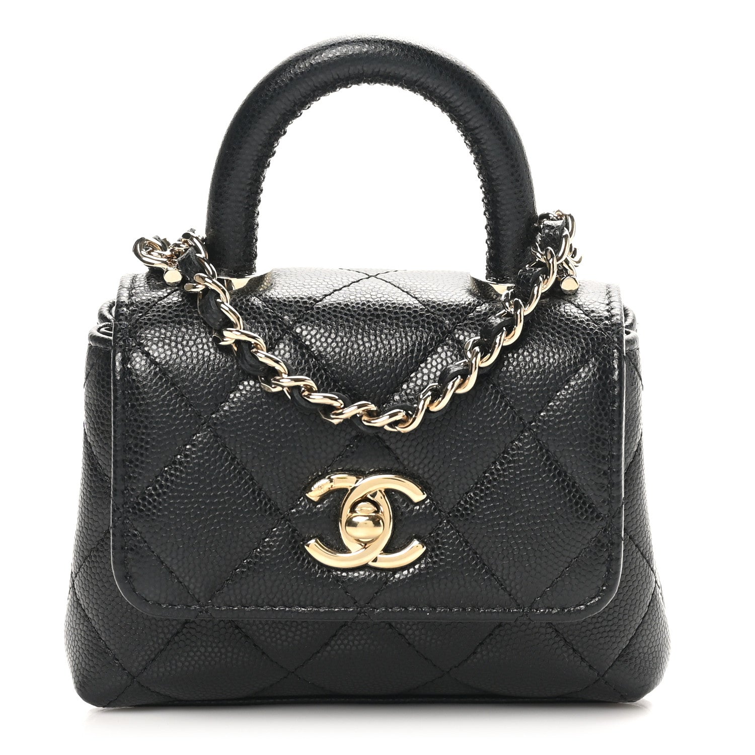 Caviar Quilted Nano Coco Handle Clutch With Chain Black