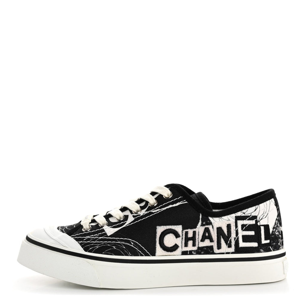 Printed Fabric Low Top Logo Sneakers 38.5 White Black
