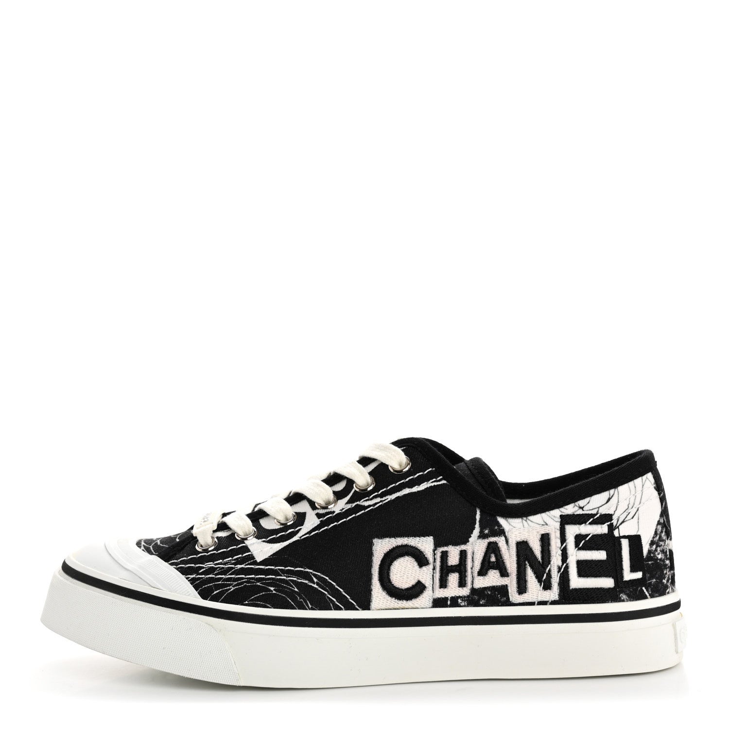 Printed Fabric Low Top Logo Sneakers 38.5 White Black