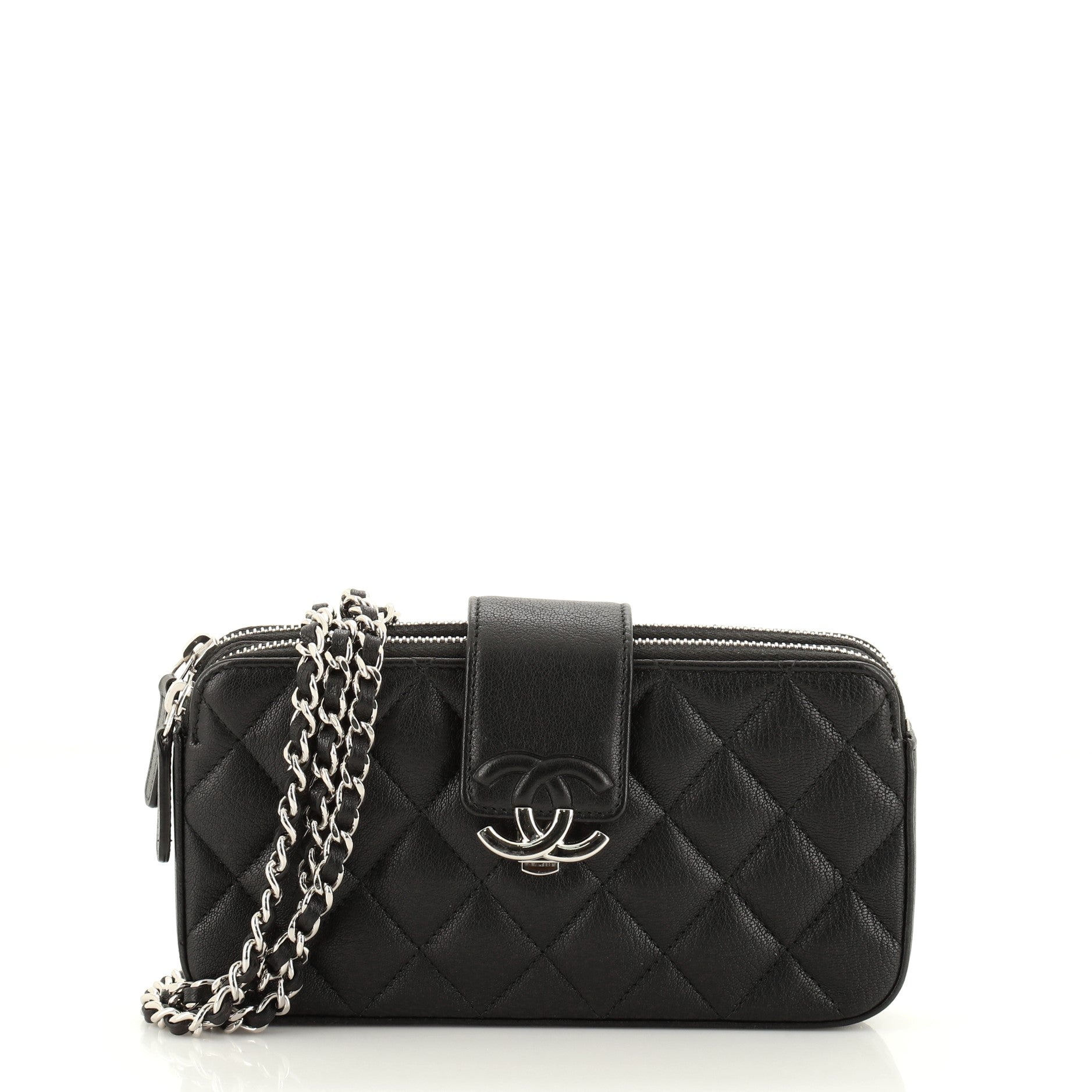 CC Box Double Zip Clutch with Chain Quilted Calfskin