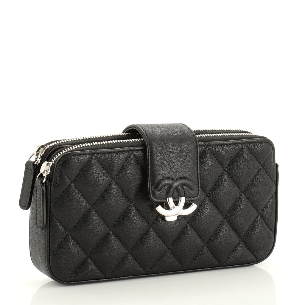 CC Box Double Zip Clutch with Chain Quilted Calfskin