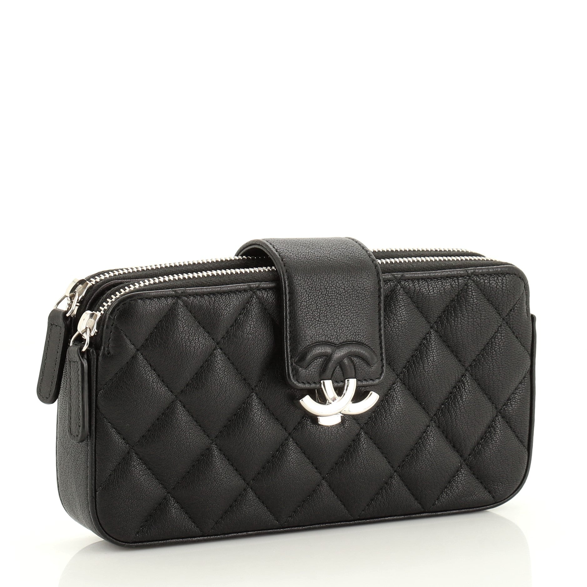 CC Box Double Zip Clutch with Chain Quilted Calfskin
