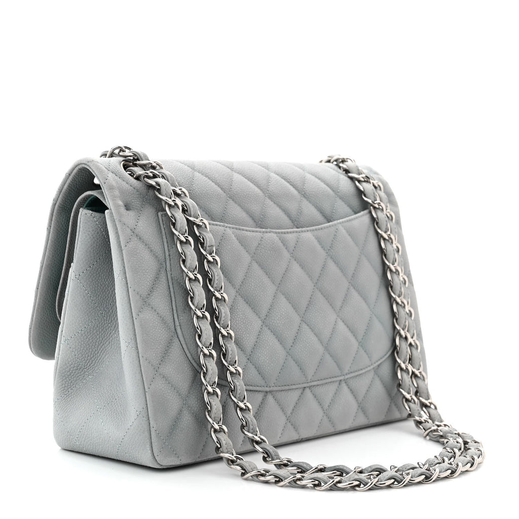 Iridescent Caviar Quilted Jumbo Double Flap Light Blue