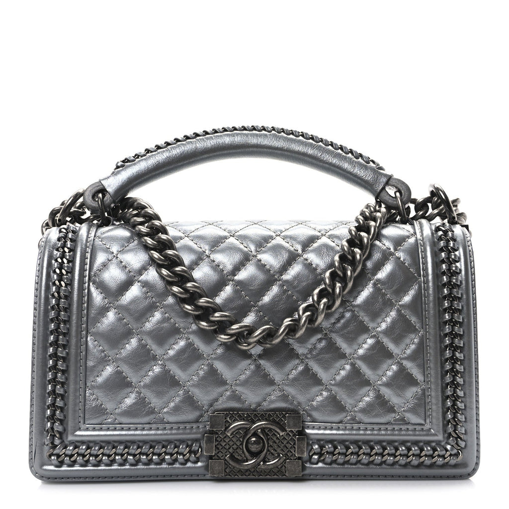 Metallic Calfskin Quilted Medium Top Handle Boy Flap Silver
