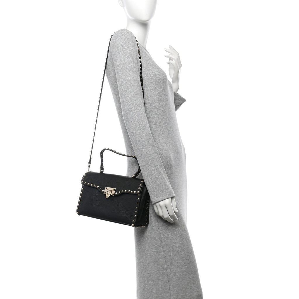 Pebbled Calfskin Rockstud Flip Lock Top Handle Bag Black