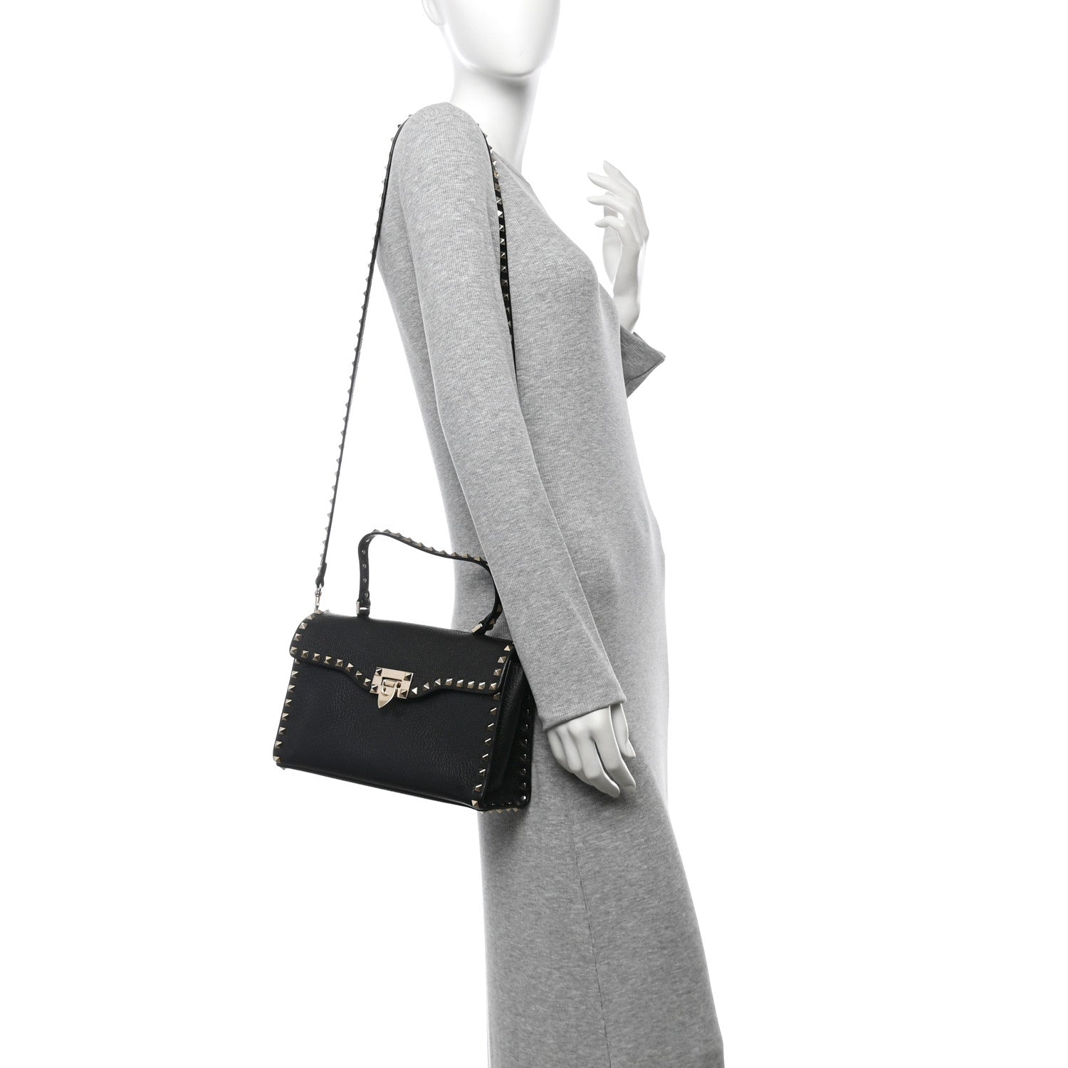 Pebbled Calfskin Rockstud Flip Lock Top Handle Bag Black