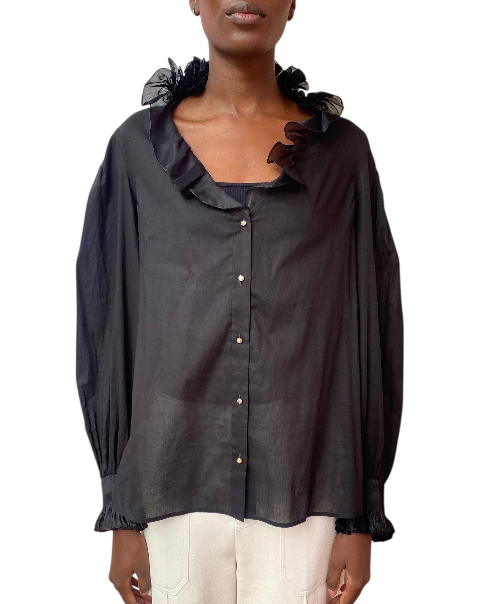 Roberto Cavalli Black Ruffle Trim Sheer Long Sleeve Blouse - 44 / US 8
