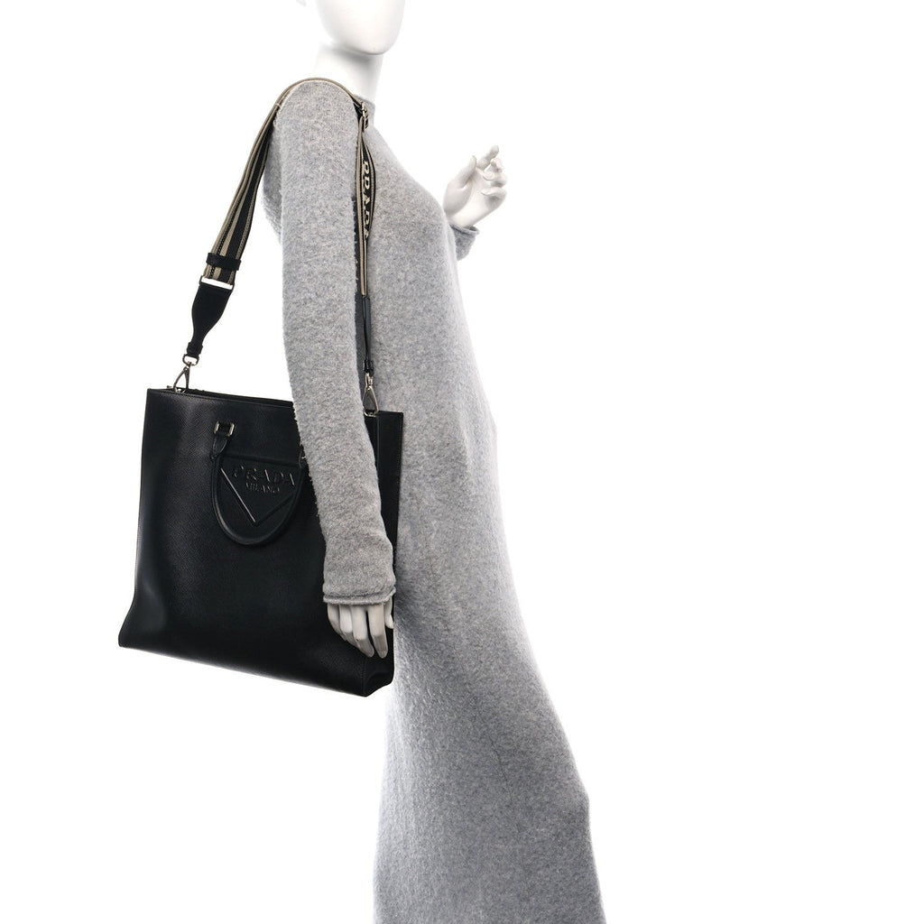 Saffiano Cuir Triangle Logo Embossed Vertical Tote Black