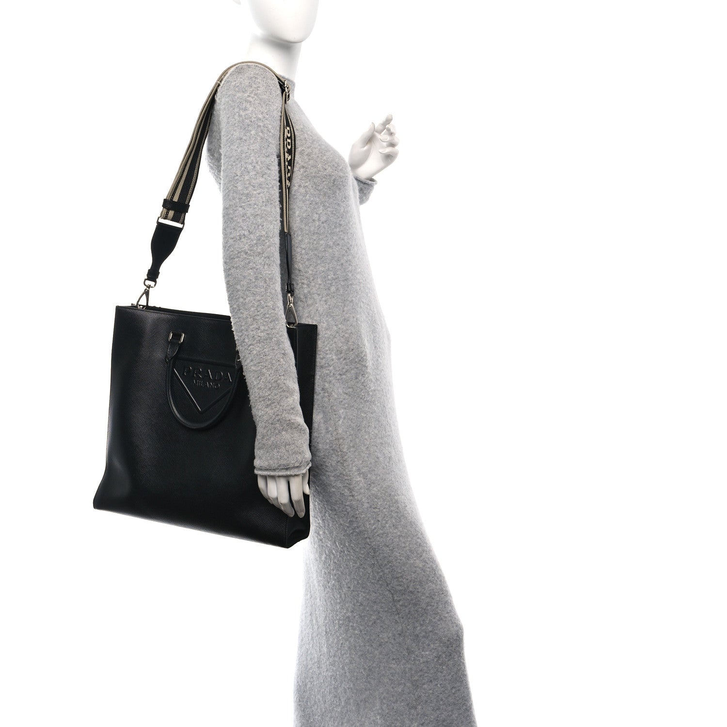 Saffiano Cuir Triangle Logo Embossed Vertical Tote Black